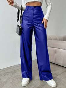 EURMUSE Women's Solid Color High Waist Straight Leg Pants, Suitable For Commuting - Royal Blue - View 4