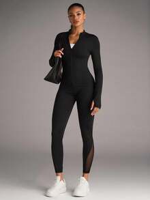 SHEIN BAE Solid Zip Up Sports Jacket With Thumb Holes