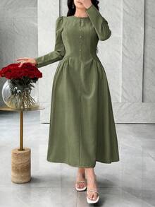 Feyla Váy ôm eo kiểu Pháp thanh lịch, túi nhỏ, tối giản, sang trọng - xanh quân đội - Xem 6