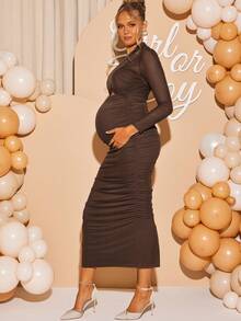 Loomaby Elegantes, einfarbiges, ausgehöhltes, gerüschtes, tailliertes Umstandskleid für die Party, Kleid zur Enthüllung des Geschlechts, Umstandskleid für Babyparty