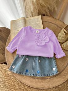SHEIN Playful Pals 女婴时尚街头风格两件套，黄色花卉装饰长袖上衣和印花牛仔裙，适合日常穿着和旅行，春秋季 - 紫色 - 查看 6