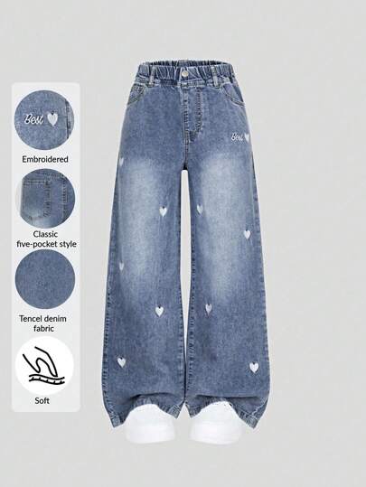 SHEIN Denimly New Spring/Summer Women's Loose Fit Light Blue Denim Wide Leg Jeans, Soft Denim Fabric Like Being Wrapped In Clouds, Heart Embroidery Detail, Elastic Waist Design For Comfort, Suitable For Campus, Street, Dates, Outdoor Activities, And Everyday Wear