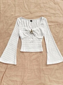 Soleia Nueva blusa de mujer de punto con cuello cuadrado, diseño de diamante calado, cintura ceñida y ajustada, adecuada para otoño/invierno, fiestas, citas, San Valentín, Pascua, carnaval, té de la tarde, crucero de playa, vacaciones en la ciudad, estilo bohemio, romántico floral, vacaciones, floral - Blanco - Ver 4