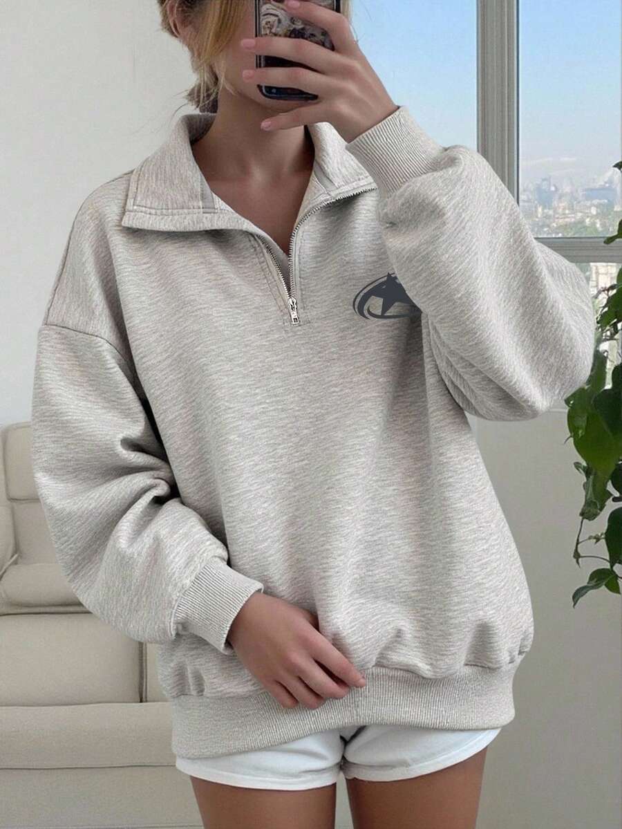 SHEIN 青少年女孩休闲基本款半拉链高领混色灰色运动衫秋冬女童服装 - 淺灰色 - 查看 1