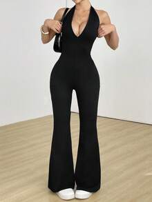 Flirla Tall Women's Black Summer Sexy Chic Club Night Out Jumpsuit, Deep V Backless Halter Vintage Flare Leg, Stretchy Soft, Minimalist Style For Tall Women - Black - View 1