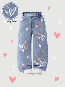 Ripped Heart Print Frayed Edge Straight Leg Jeans For Young Girls, Cute & Casual, Suitable For School, Outing, Party Fall Winter
