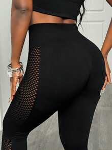 Slaydiva 瑜伽打底褲無縫高彈運動緊身褲漁網拼接 - 黑色 - 查看 2