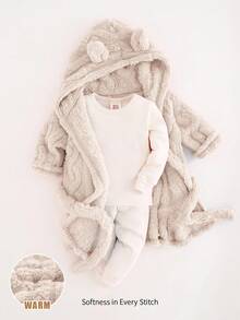 Cozy Pixies 女婴厚羊毛熊耳连帽长袖腰带睡袍 - 杏色 - 查看 5