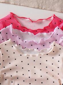 SHEIN Playful Pals 女婴波尔卡圆点印花荷叶边圆领长袖T恤和裤子休闲装 - 彩色 - 查看 6