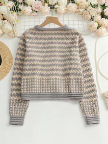 SHEIN LUNE Casual Colorblock Striped Knit Cardigan, Autumn/Winter - Grey - View 2