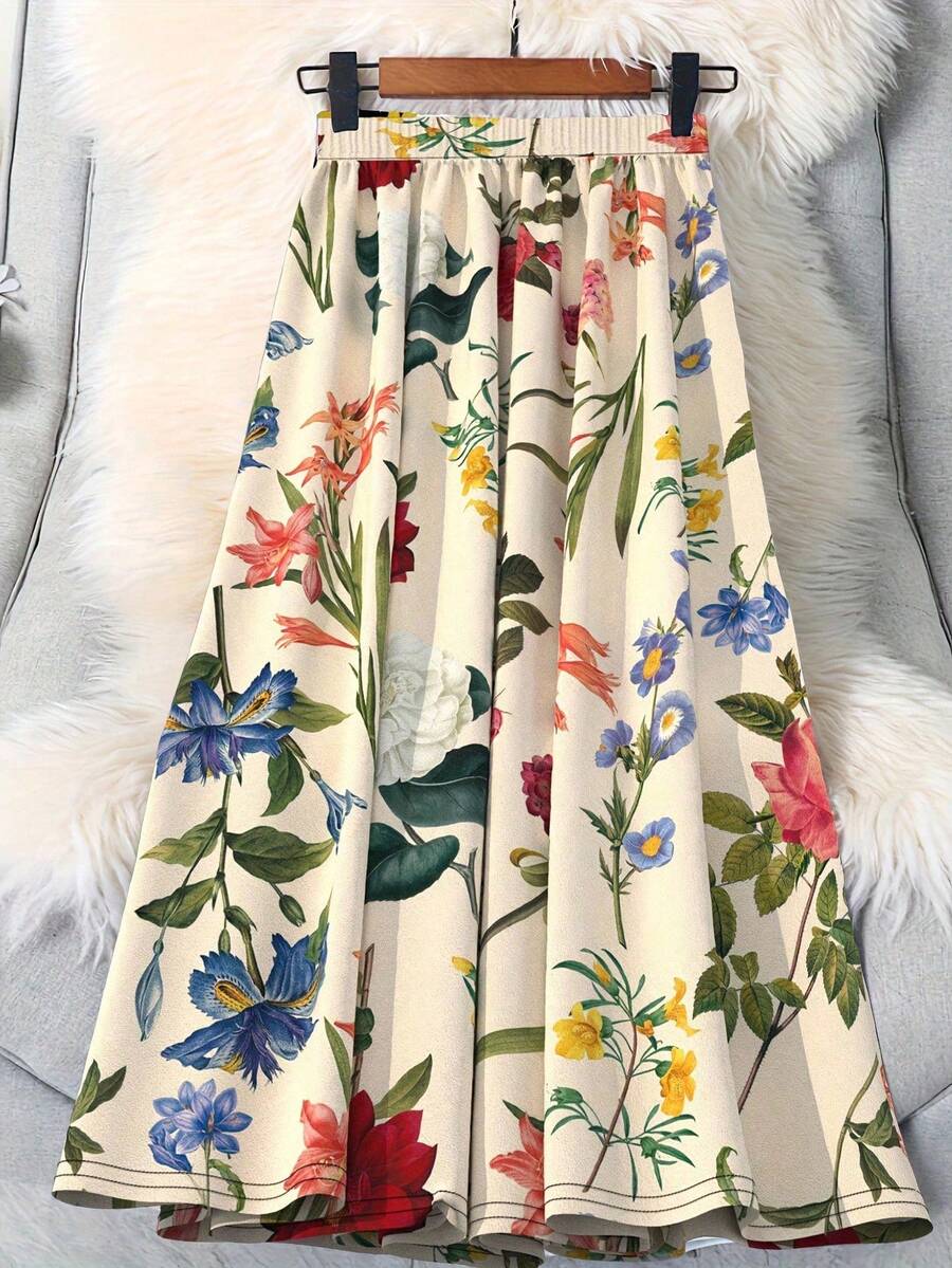 EMERY ROSE Saia Casual Longa Estampada com Elástico na Cintura para Mulheres Plus Size