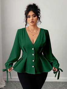 SHEIN Elenzya Camisa elegante de unicolor con diseño de botones y cintura ceñida para mujer de talla grande - Verde Oscuro - Ver 4
