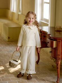 Vintaside Kids 2 pièces/Set Top à manches longues et pantalon avec broderie florale décontractée pour filles, convient pour le printemps, l'automne, l'hiver, la maison, les voyages, le port quotidien - Nude - Voir 7