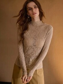 MOTF PREMIUM Áo lót cổ lọ tay dài họa tiết hoa ren thanh lịch, chất liệu voan co giãn, thoáng khí, mặc thường ngày/đi làm cho nữ, mùa thu/đông - Màu be - Xem 3