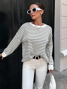 EURMUSE Suéter A Rayas Con Hombros Caídos Para Mujer - Negro - Ver 4