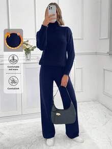 SHEIN PETITE Conjunto de suéter e calça de gola alta com manga caída