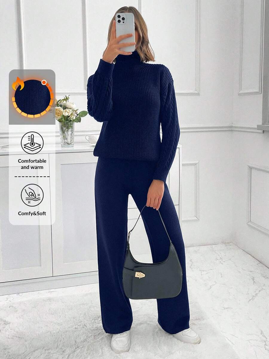 SHEIN PETITE Conjunto de suéter e calça de gola alta com manga caída