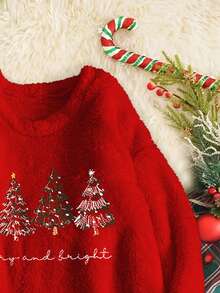 INAWLY Women's Casual Everyday Christmas Tree Embroidered Fleece Sweatshirt, Autumn/Winter