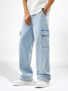 SHEIN Teen Boys' Casual Washed Light Blue Cargo Jeans, Comfortable Relaxed Fit With Elastic Waistband