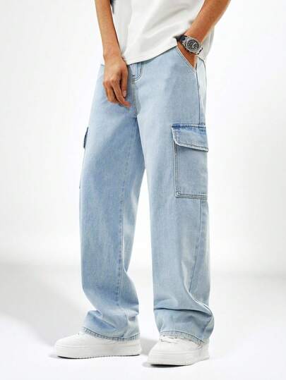 SHEIN 青少年男孩休闲水洗浅蓝色工装牛仔裤，舒适宽松版型，配有松紧腰带