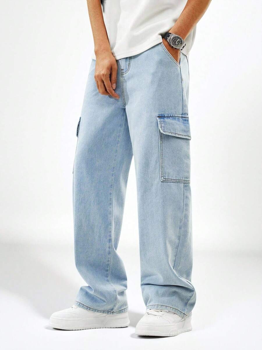 SHEIN Teen Boys' Casual Washed Light Blue Cargo Jeans, Comfortable Relaxed Fit With Elastic Waistband