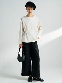 INAWLY Women's Solid Color Drop Shoulder Long Sleeve Cinched Waist Casual Regular Jacket - White - View 3