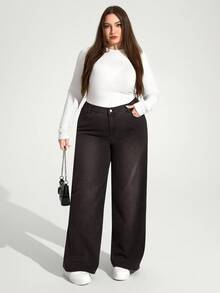 Enliva 大码女式宽松口袋喇叭裤休闲百搭牛仔裤/秋冬款，情人节，爱情，礼物，浪漫，情人节快乐，2026，新年 - 棕色 - 查看 7