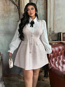 Lyrianda Plus Size V-Neck 2 In 1 Plaid Button Elegant Vacation/Party Dress For Women, Autumn/Winter