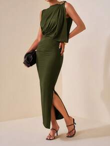 Zivah 2025新款秋季秋夏休闲日常约会通勤商务淑女优雅沙滩邮轮派对简约网红爆款生日派对高端派对圆领包臀褶单肩袖金属装饰扣下摆高侧剪裁至大腿棕色长裙针织面料女超长连衣裙-B - 軍綠色 - 查看 5