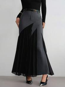 Aidyla Women's Long Patchwork Design Mermaid Hem Skirt, Suitable For Dates And Outings, Autumn/Winter Elegant Skirt