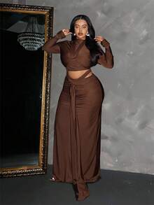 Maweii Plus Size Women's Sexy Twist Tie Long Sleeve Crop Top And Hollow Lace-Up Waist Skirt Set, Autumn - Rust Brown - View 5