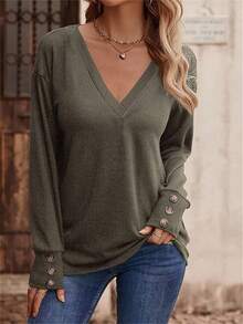INAWLY Plus Button Detail Drop Shoulder Tee, For Thanksgiving Fall Cloth For Women - Army Green - View 1