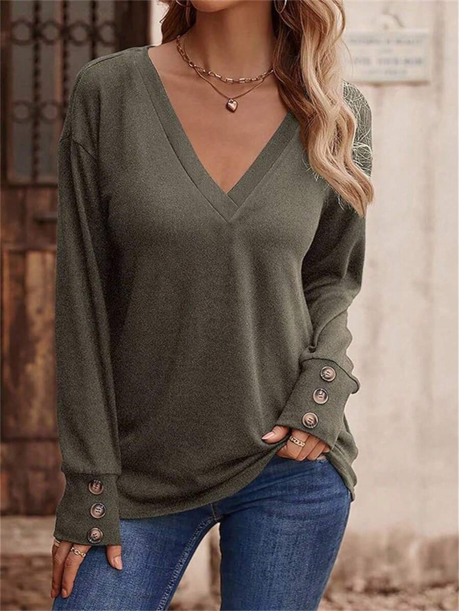 INAWLY Plus Button Detail Drop Shoulder Tee, For Thanksgiving Fall Cloth For Women - Army Green - View 1