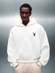 PLAYBOY X SUMWON Sweatshirt Hoodie Crop Fit Setengah Resleting dengan Logo Kelinci, Pakaian Santai Kasual Ukuran Besar, Streetwear Musim Gugur dan Musim Dingin, Pullover Serut Esensial - Aprikot - View 1