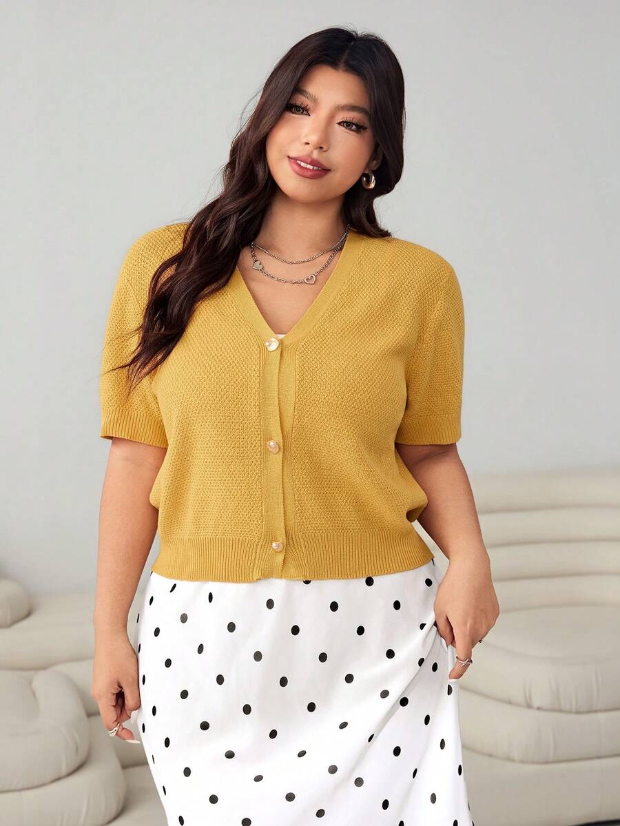 SHEIN EZwear Áo len cardigan dệt kim đơn hàng ngày cổ chữ V tay ngắn màu trơn cỡ lớn dành cho nữ, mùa thu - Màu vàng - Xem 1
