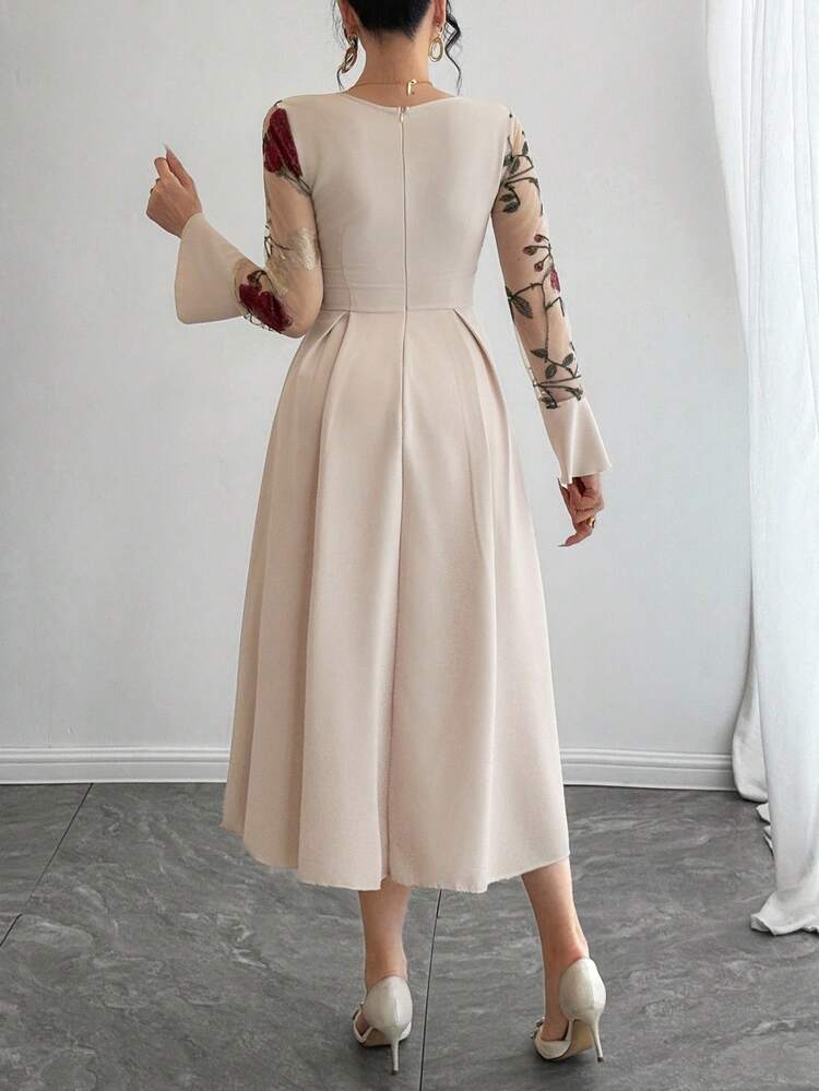 Women's Elegant Floral Patchwork V-Neck Mid-Length Dress, Autumn