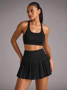 SHEIN BAE Summer Solid Color Cropped Halter Top And Pleated Skirt Sports Two-Piece Set Workout Women Set Gym Women Outfit - Black - View 6