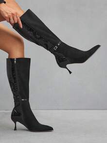 CUCCOO SZL 女士过膝长靴，新款秋冬通勤百搭尖头细跟高筒靴，显瘦 - 黑色 - 查看 5