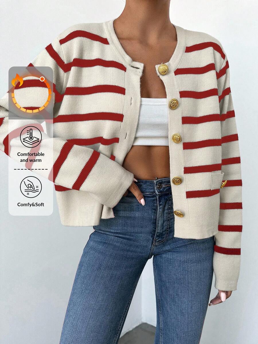 EURMUSE Women Button Round Neck Long Sleeve Striped Design Everyday Casual Cardigan - Merah - View 1