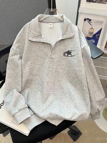 SHEIN 青少年女孩休闲基本款半拉链高领混色灰色运动衫秋冬女童服装 - 淺灰色 - 查看 4