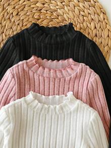 SHEIN Set 6 Potong Bayi Perempuan Hitam Putih, Musim Gugur, Lucu, Seragam Keluarga, Atasan dan Celana Rajut Bergaris Warna Polos, Set Sweater Lengan Panjang Lembut untuk Musim Dingin - MultiWarna - View 6