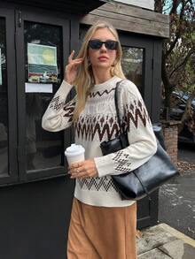 Elyressa 女式休闲费尔岛图案插肩袖宽松针织毛衣，秋冬 - 杏色 - 查看 7