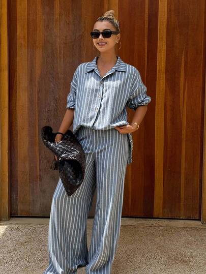 DAZY Women's Striped Drop Shoulder Long Sleeve Single-Breasted Shirt And Pants Casual 2 Pieces Set