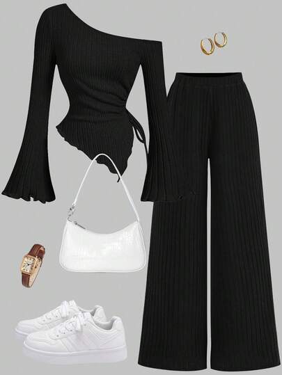 Girlism Conjunto de camiseta casual y elegante vintage para adolescentes con mangas acampanadas asimétricas, cuello asimétrico y dobladillo con cordón asimétrico en punto acanalado negro