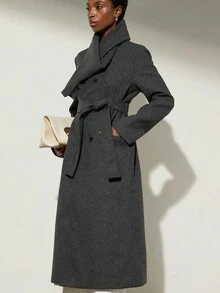 Aveloria Modichic Women's Autumn Overcoat With Detachable Scarf, Waist Design - Grey - View 4