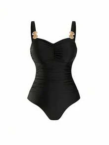 Swim Oasis 大码女式两件套黑色吊带V领连体泳衣配黑色网纱长裙，夏季海滩度假 - 黑色 - 查看 3