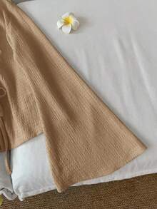 Blusa casual de mujer de unicolor con puños de lazo, mangas acampanadas, cuello en V, blusa con lazo delantero, top de punto con mangas acampanadas, top estilo Cottagecore, casual - Caqui - Ver 2
