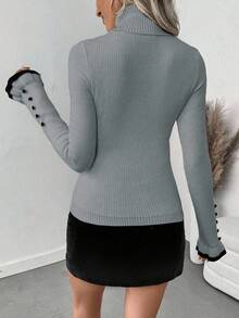 SHEIN LUNE Sweater Rajut Lengan Panjang Wanita Model Turtleneck dengan Kancing dan Rumbai, Dilengkapi Pita dan Lapisan Termal yang Pas di Badan - Grey - View 2