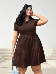 Solflare Black Short Sleeve Loose Fit Plus Size T-Shirt Dress,Spring Summer Clothes Flowy Dress - Coffee Brown - View 3
