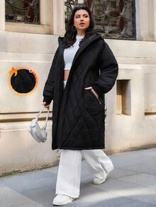 EURMUSE 大口袋长款连帽女士棉服外套，日常休闲，冬季女装，女士棉服外套 - 黑色 - 查看 1